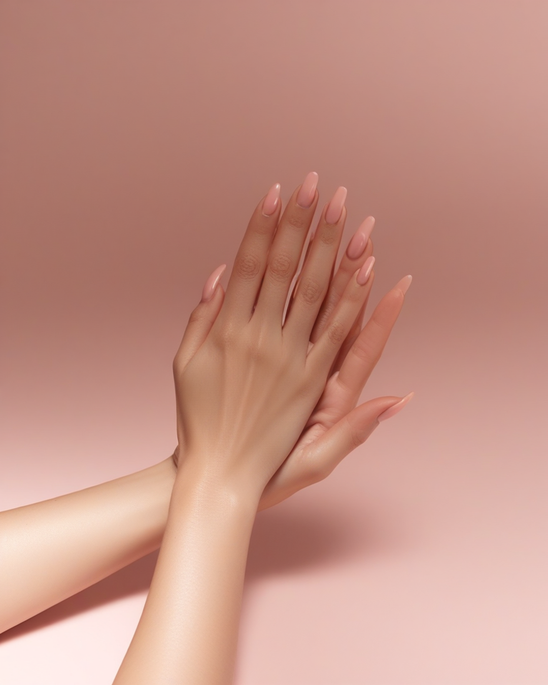 Mains aux ongles gel NAILO, finition brillante nude rosé