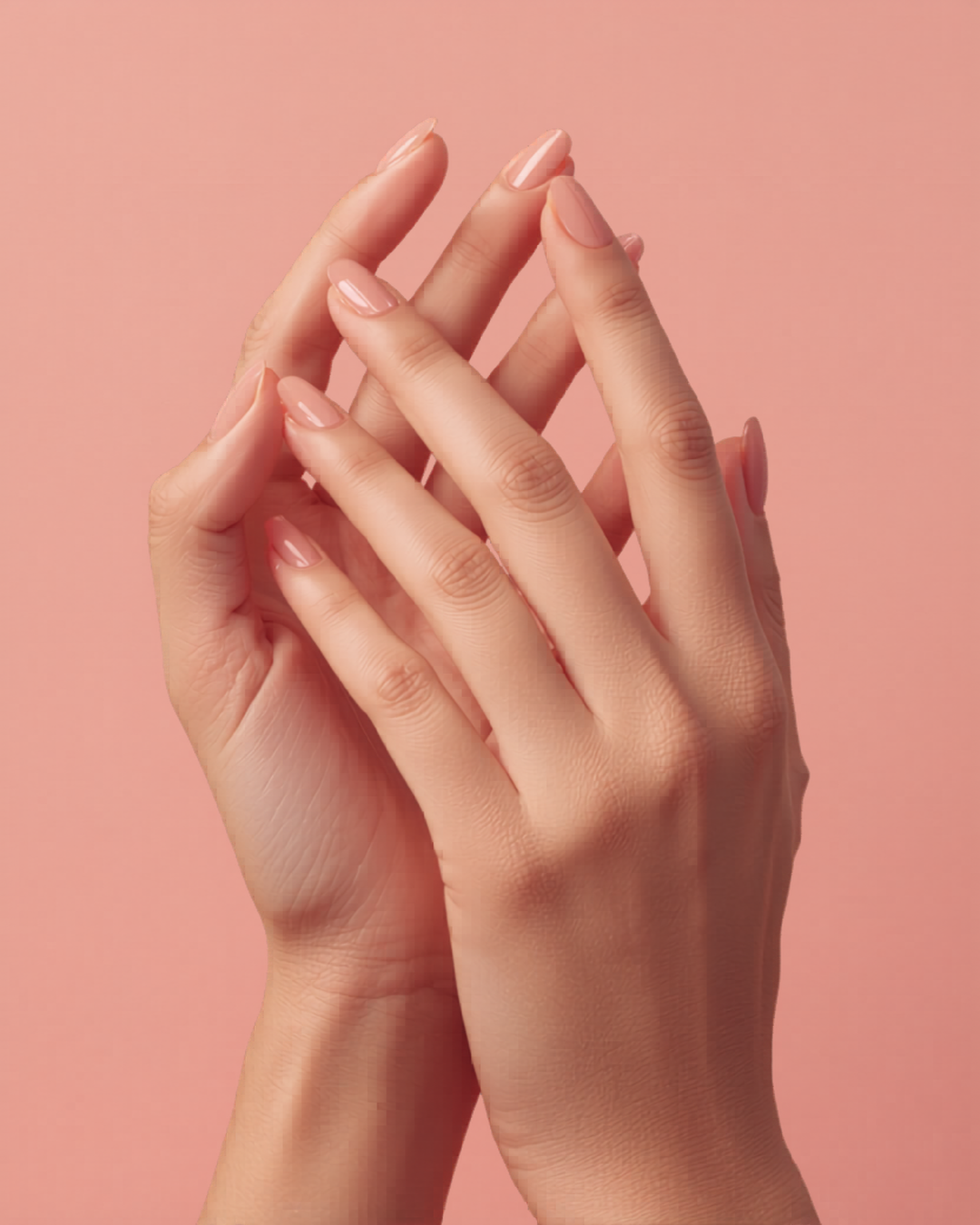 Mains aux ongles gel nude NAILO sur fond corail
